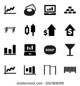 Flat vector icon set - soap vector, graph, japanese candle, laptop, dollar growth, gold ingot, horizontal bar, glass, barcode