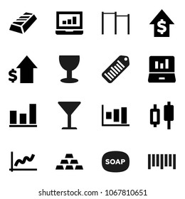 Flat vector icon set - soap vector, graph, gold ingot, japanese candle, laptop, dollar growth, horizontal bar, glass, barcode