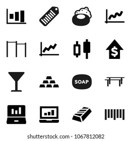 Flat vector icon set - soap vector, graph, gold ingot, japanese candle, laptop, dollar growth, horizontal bar, glass, barcode