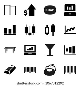 Flat vector icon set - soap vector, graph, gold ingot, japanese candle, laptop, dollar growth, horizontal bar, glass, barcode