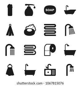 Flat vector icon set - soap vector, towel, bath, liquid, cleaning agent, toilet paper, shower, sink