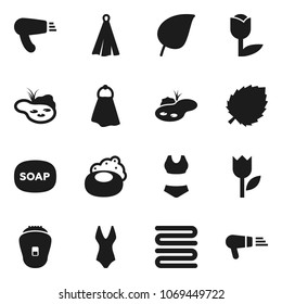 Flat vector icon set - soap vector, towel, leaf, swimsuite, tulip, pond, epilator, hair dryer