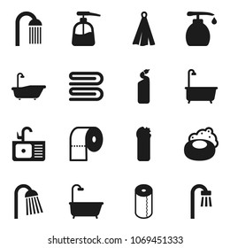 Flat vector icon set - soap vector, towel, bath, liquid, cleaning agent, toilet paper, shower, sink
