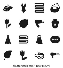 Flat vector icon set - soap vector, towel, leaf, swimsuite, tulip, pond, epilator, hair dryer