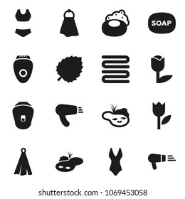 Flat vector icon set - soap vector, towel, leaf, swimsuite, tulip, pond, epilator, hair dryer