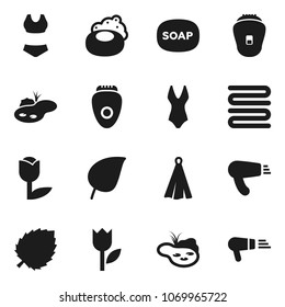 Flat vector icon set - soap vector, towel, leaf, swimsuite, tulip, pond, epilator, hair dryer