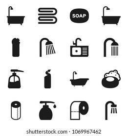 Flat vector icon set - soap vector, towel, bath, liquid, cleaning agent, toilet paper, shower, sink