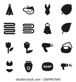 Flat vector icon set - soap vector, towel, leaf, swimsuite, tulip, pond, epilator, hair dryer