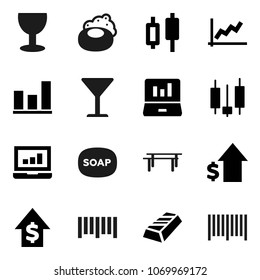 Flat vector icon set - soap vector, graph, gold ingot, japanese candle, laptop, dollar growth, horizontal bar, glass, barcode
