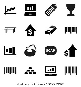 Flat vector icon set - soap vector, graph, gold ingot, laptop, dollar growth, horizontal bar, glass, barcode