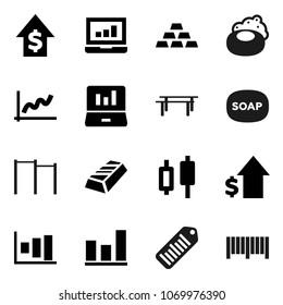 Flat vector icon set - soap vector, graph, gold ingot, japanese candle, laptop, dollar growth, horizontal bar, barcode