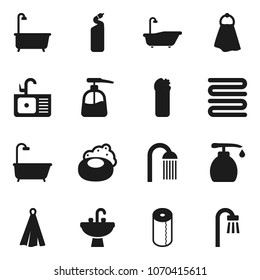 Flat vector icon set - soap vector, towel, bath, liquid, cleaning agent, toilet paper, shower, sink