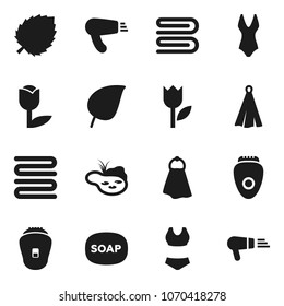 Flat vector icon set - soap vector, towel, leaf, swimsuite, tulip, pond, epilator, hair dryer