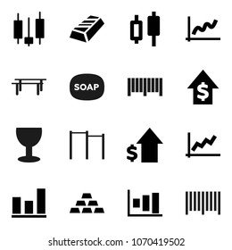 Flat vector icon set - soap vector, graph, gold ingot, japanese candle, dollar growth, horizontal bar, glass, barcode
