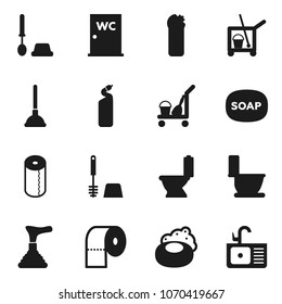 Flat vector icon set - soap vector, plunger, cleaner trolley, toilet, brush, cleaning agent, paper, water closet, sink