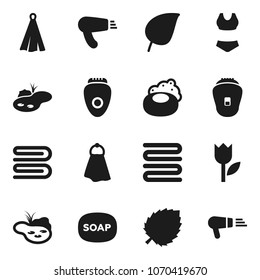 Flat vector icon set - soap vector, towel, leaf, swimsuite, tulip, pond, epilator, hair dryer