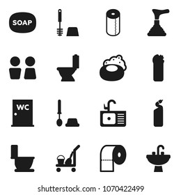 Flat vector icon set - soap vector, plunger, cleaner trolley, toilet, brush, cleaning agent, paper, water closet, sink