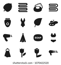 Flat vector icon set - soap vector, towel, leaf, swimsuite, tulip, pond, epilator, hair dryer