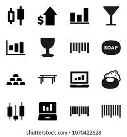 Flat vector icon set - soap vector, graph, japanese candle, laptop, dollar growth, gold ingot, horizontal bar, glass, barcode