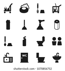 Flat vector icon set - soap vector, plunger, cleaner trolley, toilet, brush, cleaning agent, paper, water closet, sink