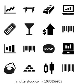 Flat vector icon set - soap vector, graph, gold ingot, japanese candle, laptop, dollar growth, horizontal bar, glass, barcode