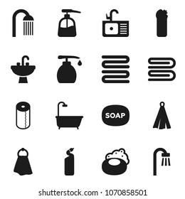 Flat vector icon set - soap vector, towel, liquid, cleaning agent, toilet paper, shower, sink, bath