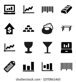 Flat vector icon set - soap vector, graph, gold ingot, laptop, dollar growth, horizontal bar, glass, barcode