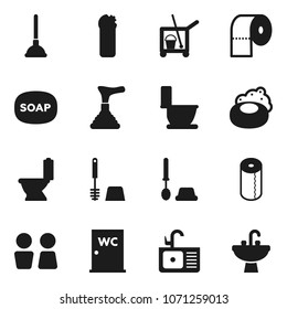 Flat vector icon set - soap vector, plunger, cleaner trolley, toilet, brush, cleaning agent, paper, water closet, sink