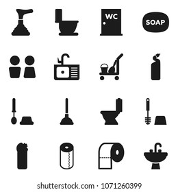 Flat vector icon set - soap vector, plunger, cleaner trolley, toilet, brush, cleaning agent, paper, water closet, sink