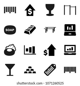 Flat vector icon set - soap vector, graph, gold ingot, laptop, dollar growth, horizontal bar, glass, barcode