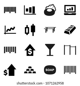 Flat vector icon set - soap vector, graph, gold ingot, japanese candle, laptop, dollar growth, horizontal bar, glass, barcode