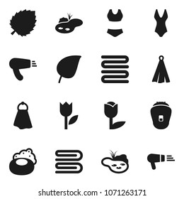 Flat vector icon set - soap vector, towel, leaf, swimsuite, tulip, pond, epilator, hair dryer