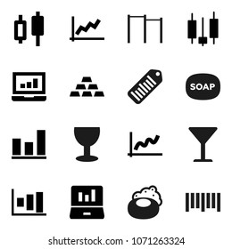 Flat vector icon set - soap vector, graph, japanese candle, laptop, gold ingot, horizontal bar, glass, barcode