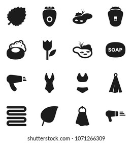 Flat vector icon set - soap vector, towel, leaf, swimsuite, tulip, pond, epilator, hair dryer