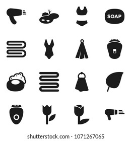 Flat vector icon set - soap vector, towel, leaf, swimsuite, tulip, pond, epilator, hair dryer