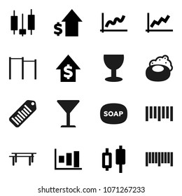 Flat vector icon set - soap vector, graph, japanese candle, dollar growth, horizontal bar, glass, barcode