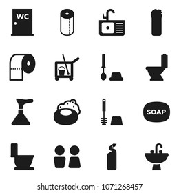 Flat vector icon set - soap vector, plunger, cleaner trolley, toilet, brush, cleaning agent, paper, water closet, sink