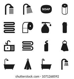 Flat vector icon set - soap vector, towel, bath, liquid, cleaning agent, toilet paper, shower, sink