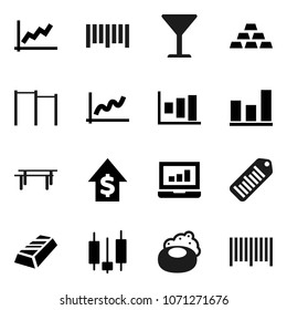 Flat vector icon set - soap vector, graph, gold ingot, japanese candle, laptop, dollar growth, horizontal bar, glass, barcode