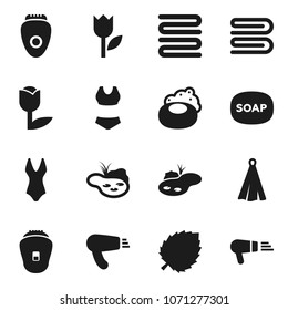 Flat vector icon set - soap vector, towel, leaf, swimsuite, tulip, pond, epilator, hair dryer