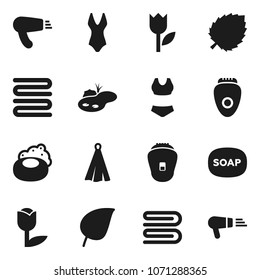 Flat vector icon set - soap vector, towel, leaf, swimsuite, tulip, pond, epilator, hair dryer