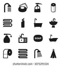 Flat vector icon set - soap vector, towel, bath, liquid, cleaning agent, toilet paper, shower, sink