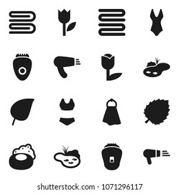 Flat vector icon set - soap vector, towel, leaf, swimsuite, tulip, pond, epilator, hair dryer