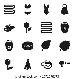Flat vector icon set - soap vector, towel, leaf, swimsuite, tulip, pond, epilator, hair dryer