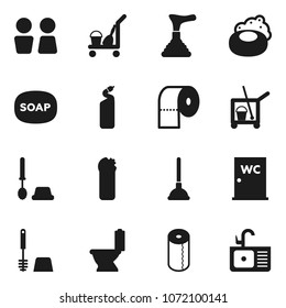 Flat vector icon set - soap vector, plunger, cleaner trolley, toilet, brush, cleaning agent, paper, water closet, sink