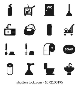 Flat vector icon set - soap vector, plunger, cleaner trolley, toilet, brush, cleaning agent, paper, water closet, sink