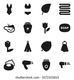 Flat vector icon set - soap vector, towel, leaf, swimsuite, tulip, pond, epilator, hair dryer