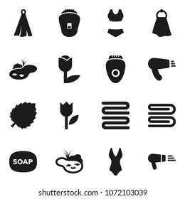 Flat vector icon set - soap vector, towel, leaf, swimsuite, tulip, pond, epilator, hair dryer