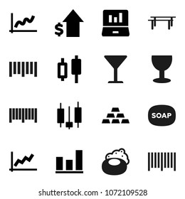Flat vector icon set - soap vector, graph, japanese candle, laptop, dollar growth, gold ingot, horizontal bar, glass, barcode