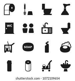 Flat vector icon set - soap vector, plunger, cleaner trolley, toilet, brush, cleaning agent, paper, water closet, sink